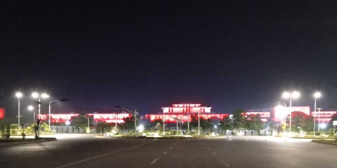 State Buildings on Constitution Avenue Lit Up in Red for Chinese National Day