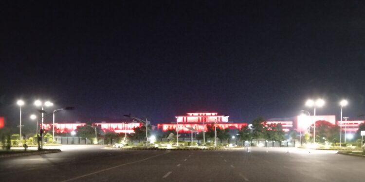 State Buildings on Constitution Avenue Lit Up in Red for Chinese National Day