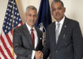 US Assistant Secretary of State for South and Central Asian Affairs S. Paul Kapur (L) meets Pakistan’s Ambassador to the US Rizwan Saeed Sheikh (R) in Washington on Nov 8, 2025