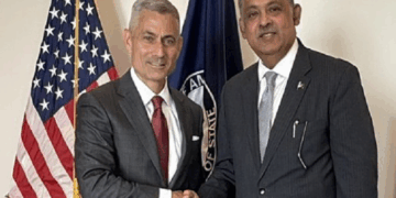US Assistant Secretary of State for South and Central Asian Affairs S. Paul Kapur (L) meets Pakistan’s Ambassador to the US Rizwan Saeed Sheikh (R) in Washington on Nov 8, 2025