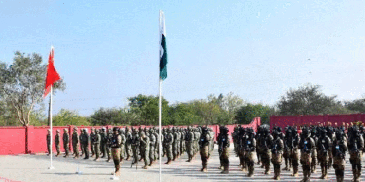 This image shows Pakistan Army and People’s Liberation Army (PLA) of China soldiers attending the opening ceremony of joint military exercise Warrior-IX at the National Counter Terrorism Centre (NCTC), Pabbi, in Nowshera. — ISPR