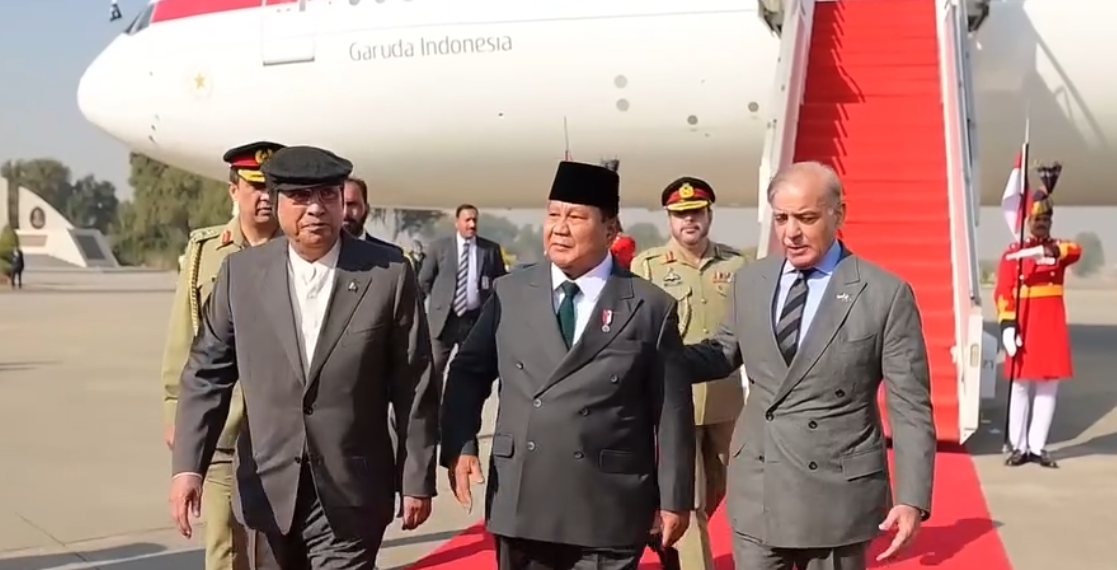 President Asif Ali Zardari and PM Shehbaz Sharif pictured with Indonesia President Prabowo Subianto upon his arrival on official visit at Nur Khan Airbase on December 8, 2025.