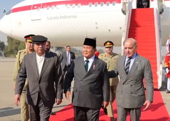 President Asif Ali Zardari and PM Shehbaz Sharif pictured with Indonesia President Prabowo Subianto upon his arrival on official visit at Nur Khan Airbase on December 8, 2025.