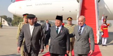President Asif Ali Zardari and PM Shehbaz Sharif pictured with Indonesia President Prabowo Subianto upon his arrival on official visit at Nur Khan Airbase on December 8, 2025.